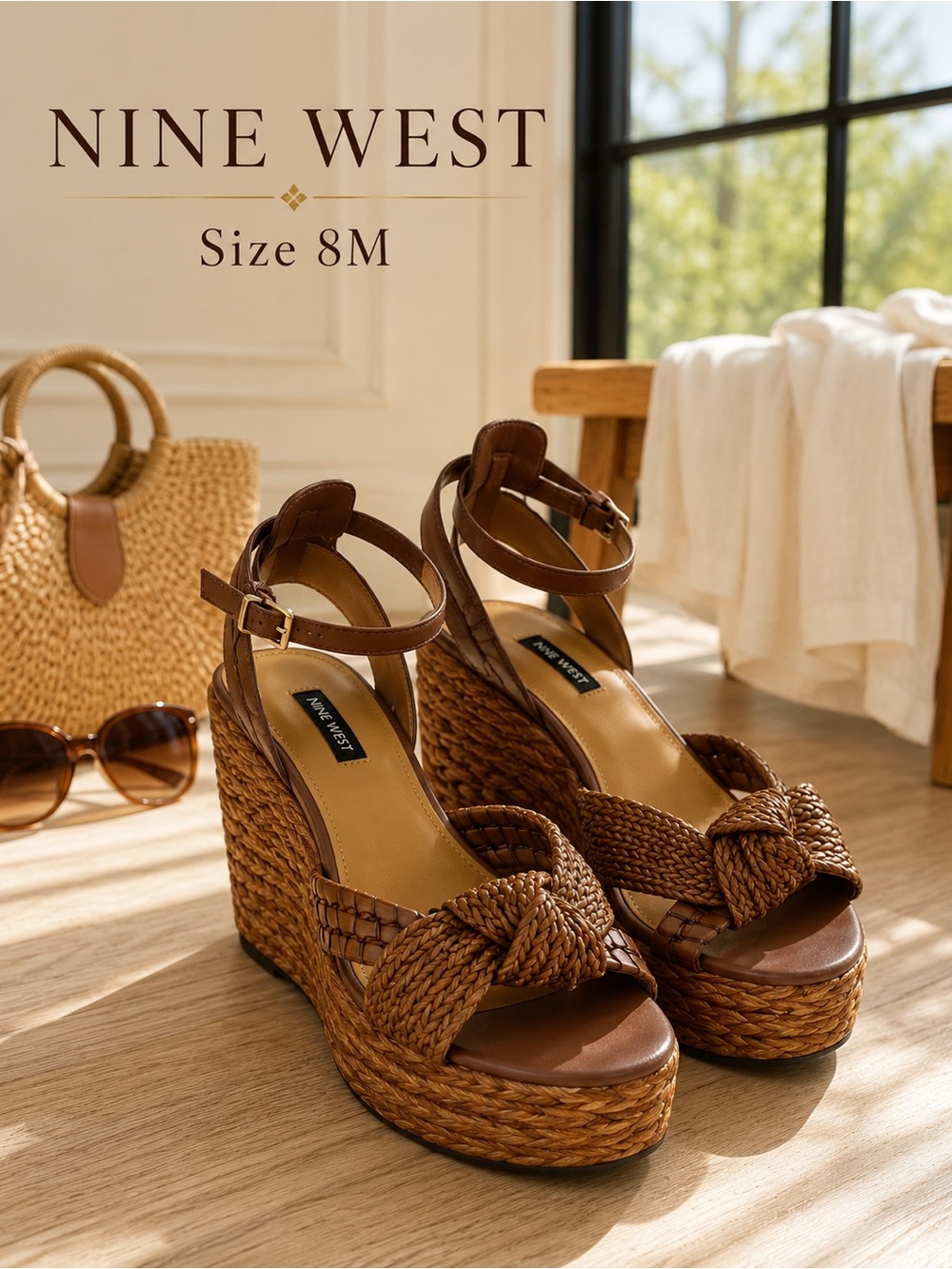 Nine West 8M Cognac Brown Braided Knot Platform Wedge Sandals